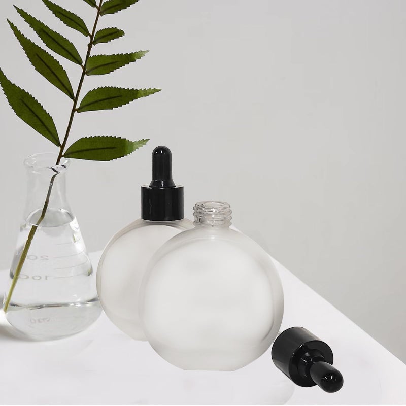 PYAWI 6Pcs 2 oz Frosted Glass Dropper Bottles for Essential Oils 60ml Flat Round Perfume Bottle for Essential Oils  Perfumes Serums - Leakproof for Travel (Clear Frosted) - Image 4